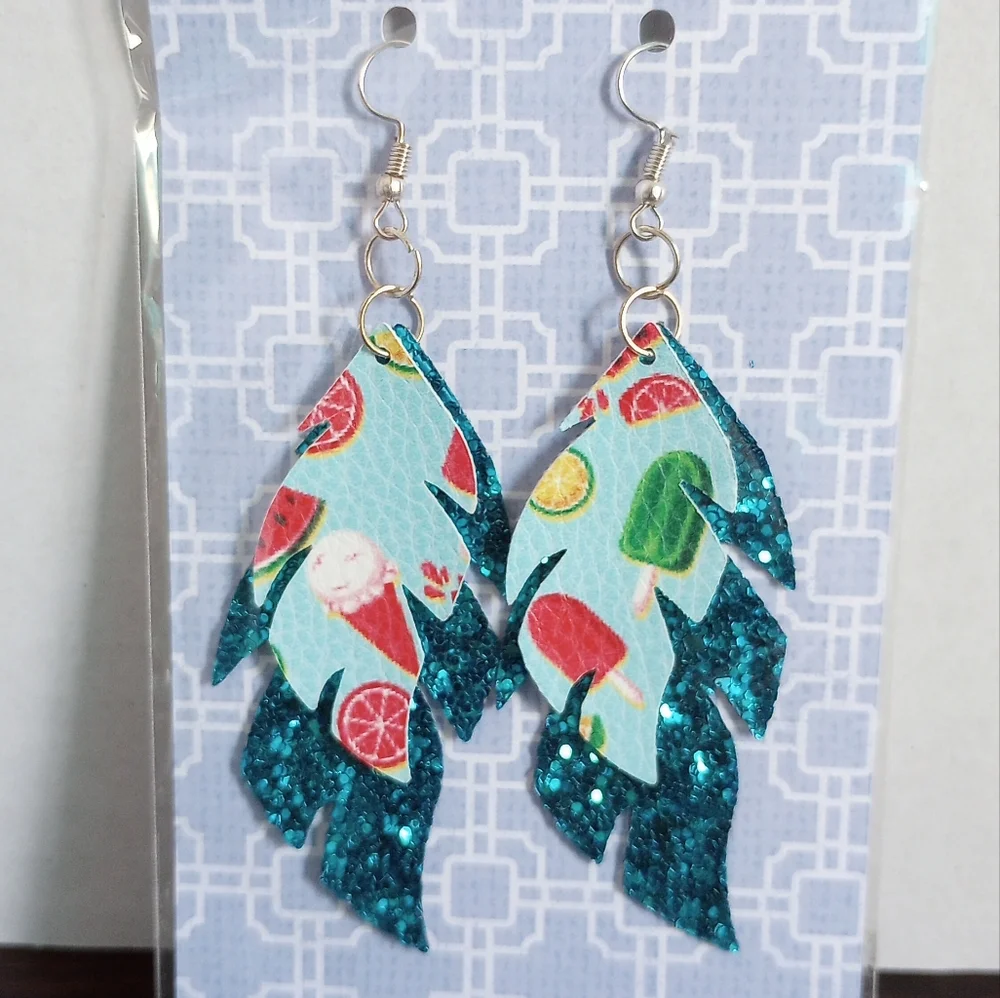 Blue‎ Glitter Ice Cream Fruit Faux Leather Handcrafted New Earrings